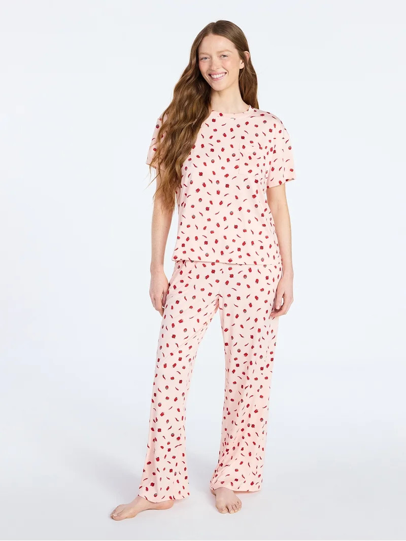 Joyspun Women's Dreamy Soft Collection Short Sleeve Sleep Top and Open Leg Pants Set, 2-Piece, Si... | Walmart (US)