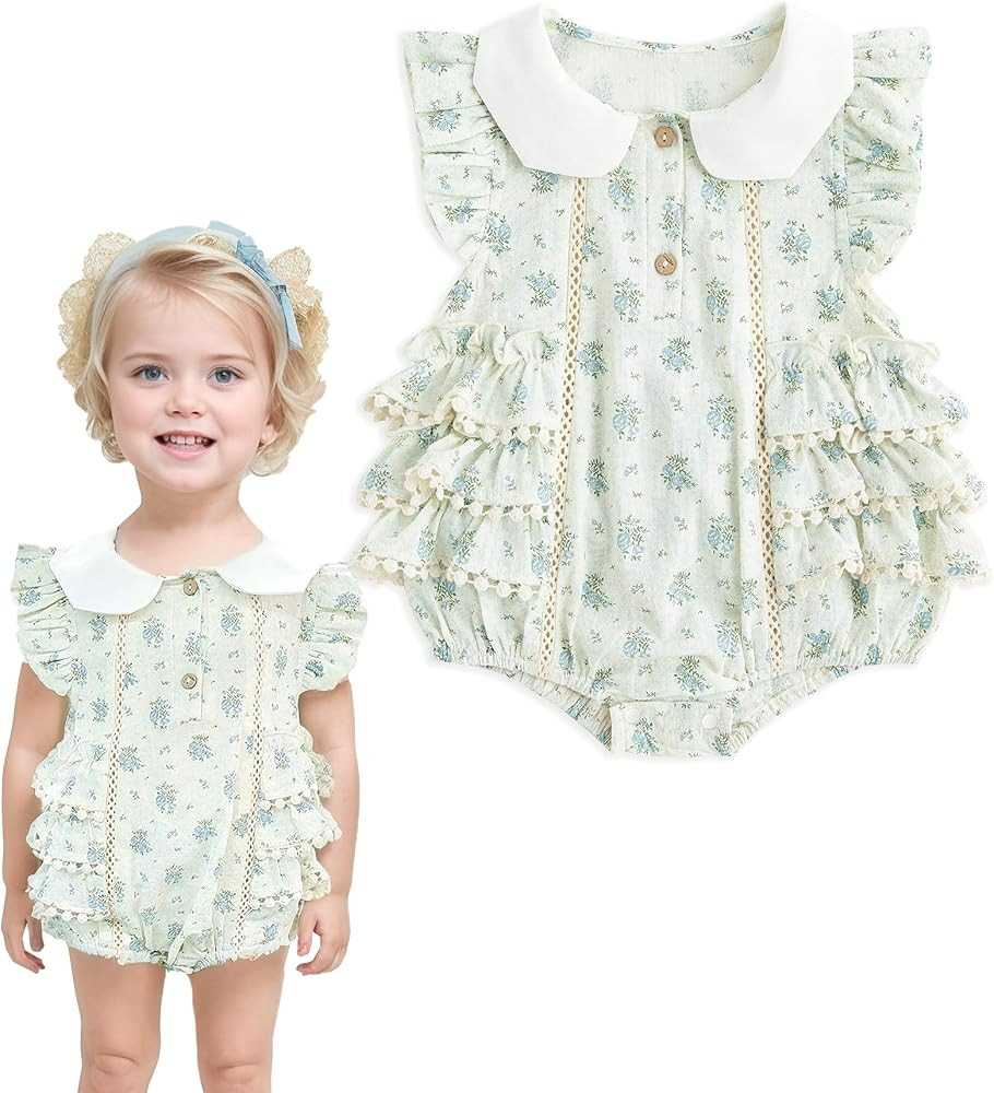 Simplee kids Baby Girls Romper Floral Print Summer Onesie Puff Sleeve Button Baby Girl Onesie | Amazon (US)