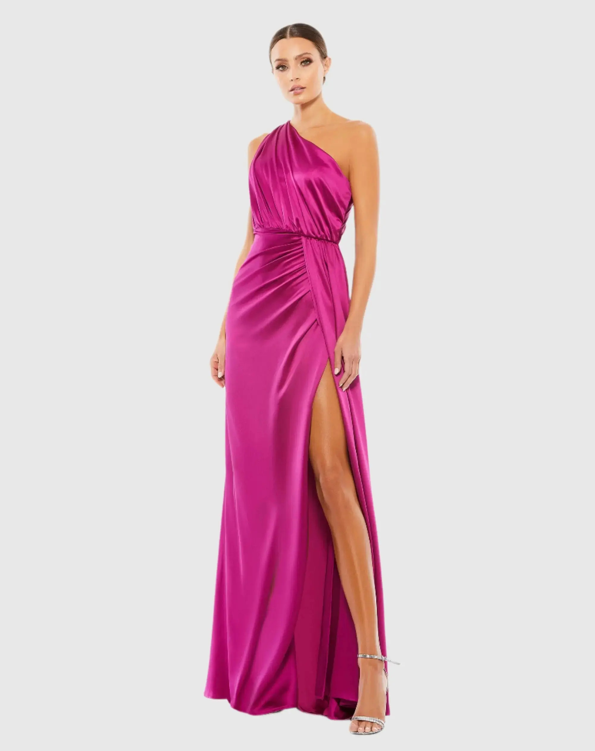 Purple Gathered One Shoulder Satin Faux Wrap Gown | Mac Duggal | Mac Duggal