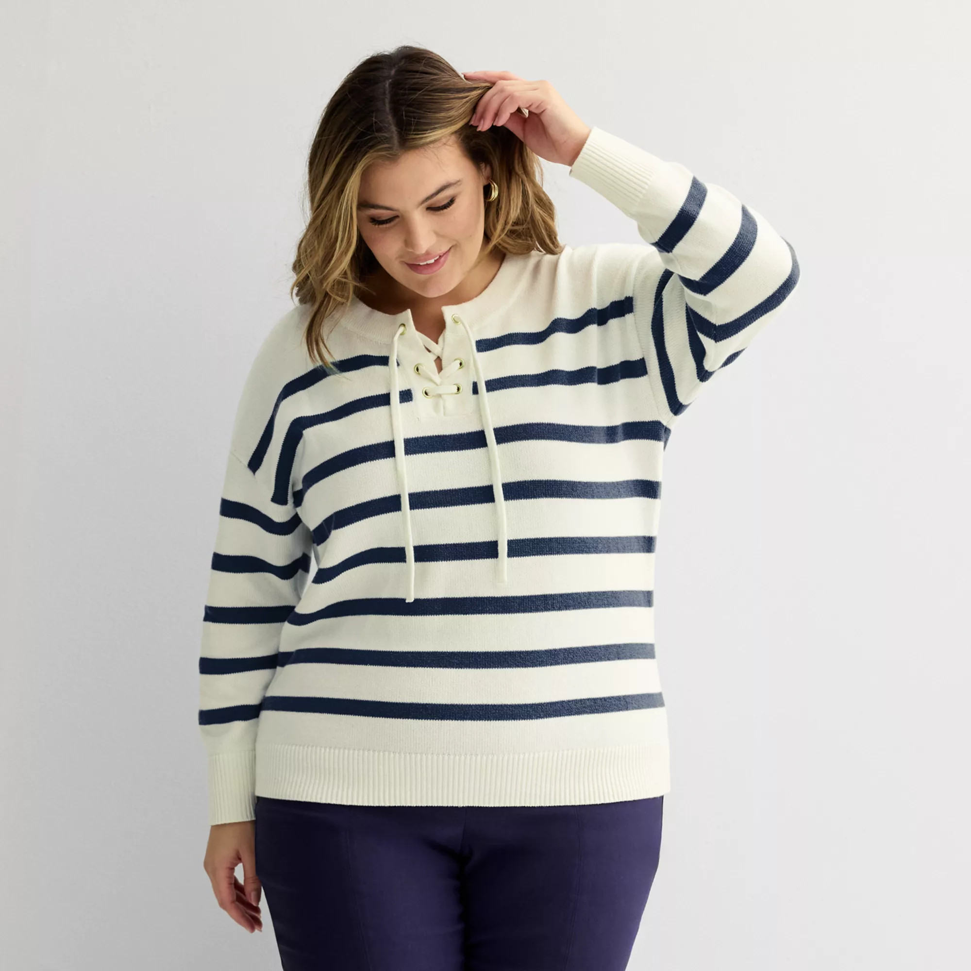 Plus Size Croft & Barrow® Knitted Lace-Up Drop Shoulder Pullover Sweater | Kohl's