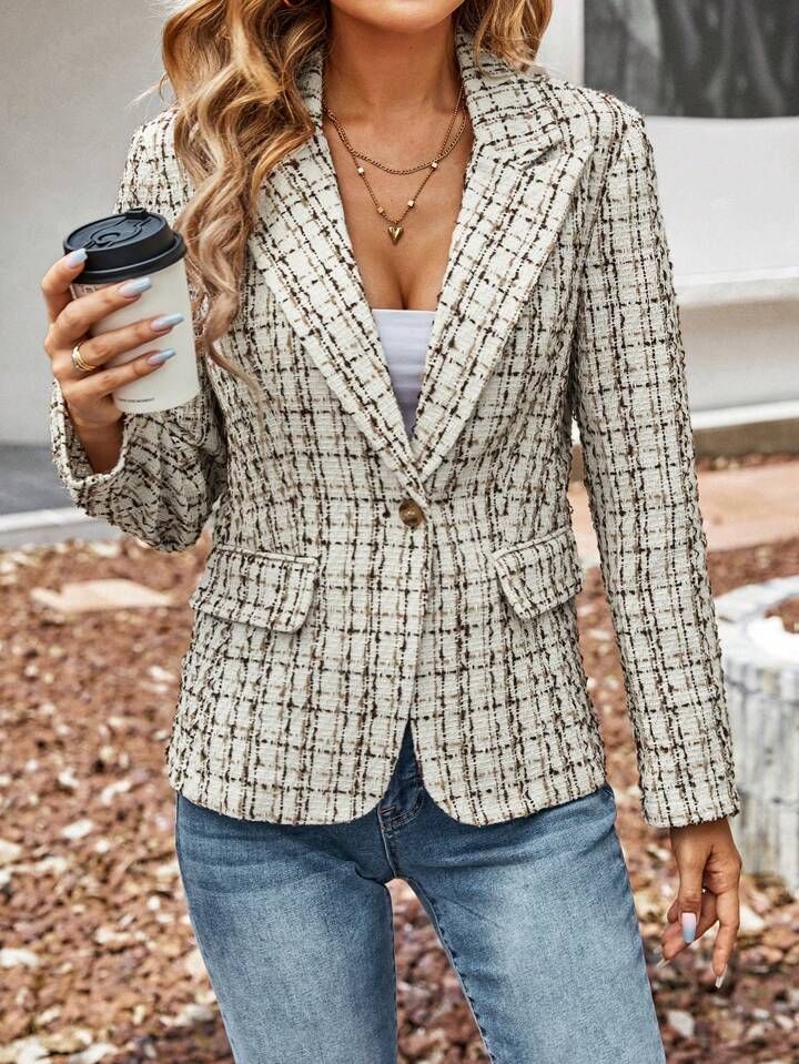 SHEIN LUNE Plaid Pattern Single Button Tweed Blazer | SHEIN