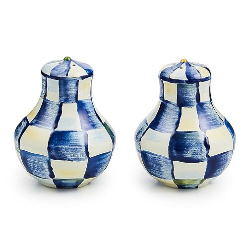 MACKENZIE-CHILDS Enamel Salt and Pepper Shakers, Kitchen Table Spice Shaker Set, Blue-and-White Royal Check, Small | Amazon (US)