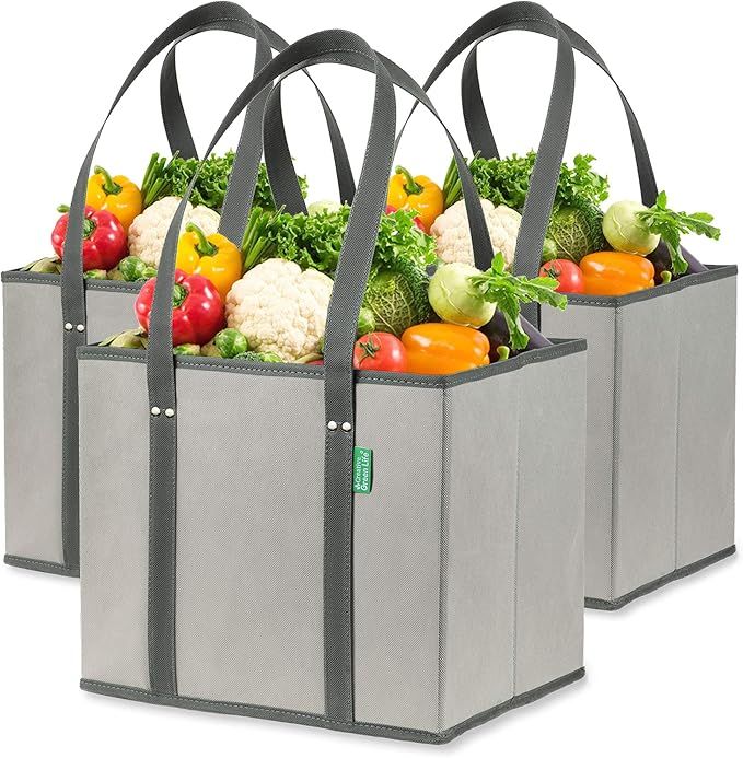 Reusable Grocery Shopping Box Bags (3 Pack - Gray). Large, Premium Quality Heavy Duty Tote Bag Se... | Amazon (US)