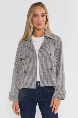 Brown Plaid Cropped Trench Jacket | Avara