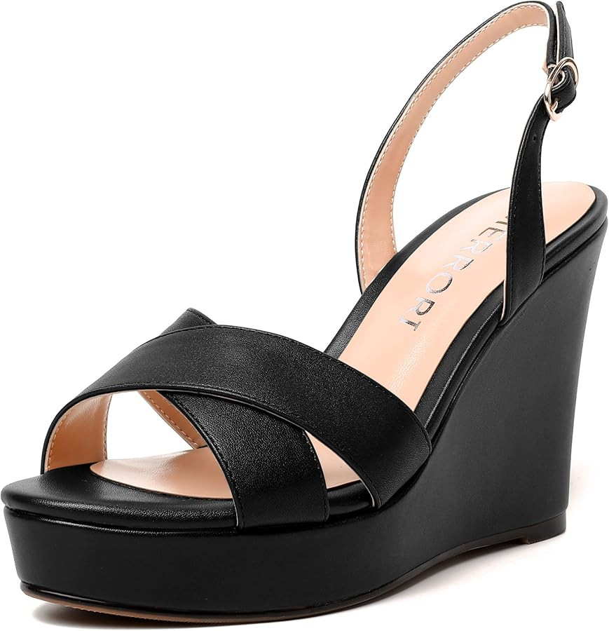 MERRORI Womens Dress Dating Slingback Matte Solid Buckle Open Toe Wedge High Heel Sandals 4 Inch | Amazon (US)