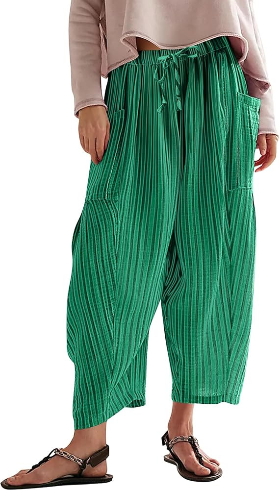 MISSACTIVER Women Summer Striped Harem Pants Flowy Baggy Casual Wide Leg Trousers Drawstring Boho... | Amazon (US)