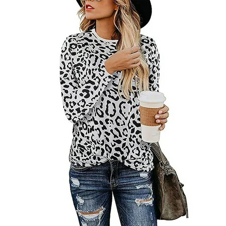 Women Leopard T-shirt Tops Round Neck Long Sleeve Casual Shirt Blouse New | Walmart (US)