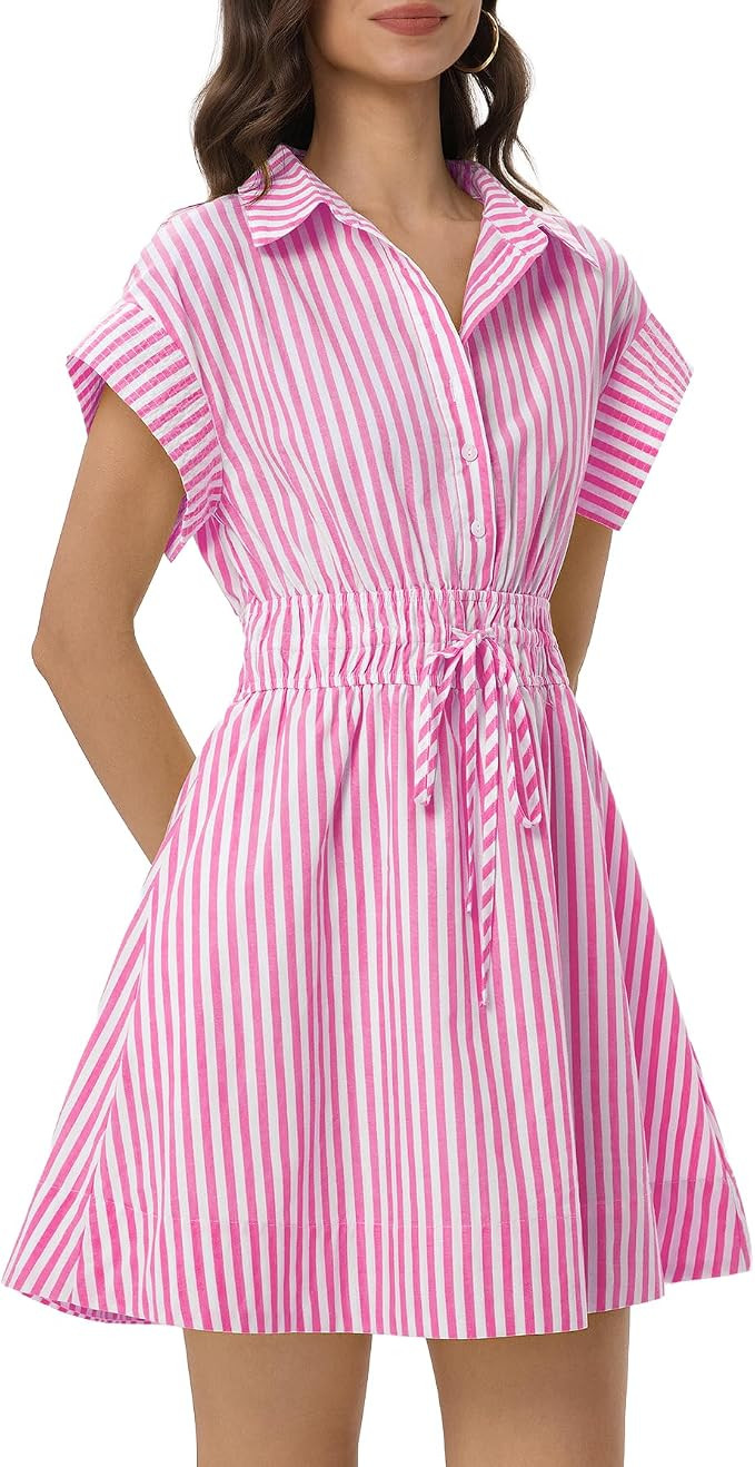 EZAPINE Women Summer Striped Dresses Short Sleeve Mini Shirt Dress Casual A-line Sundress with Dr... | Amazon (US)