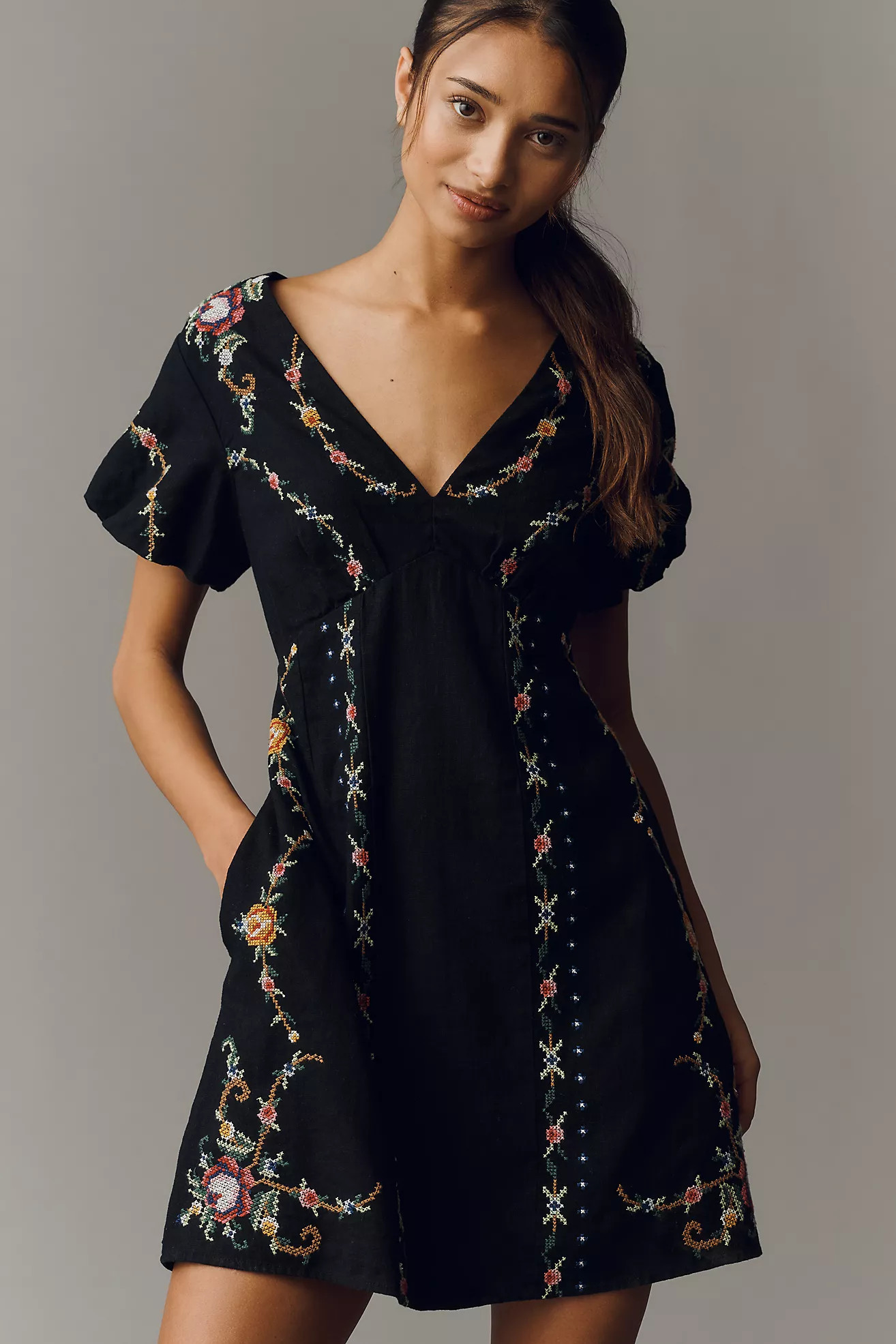 By Anthropologie Linen Cotton Cutwork Mini Dress | Anthropologie (US)