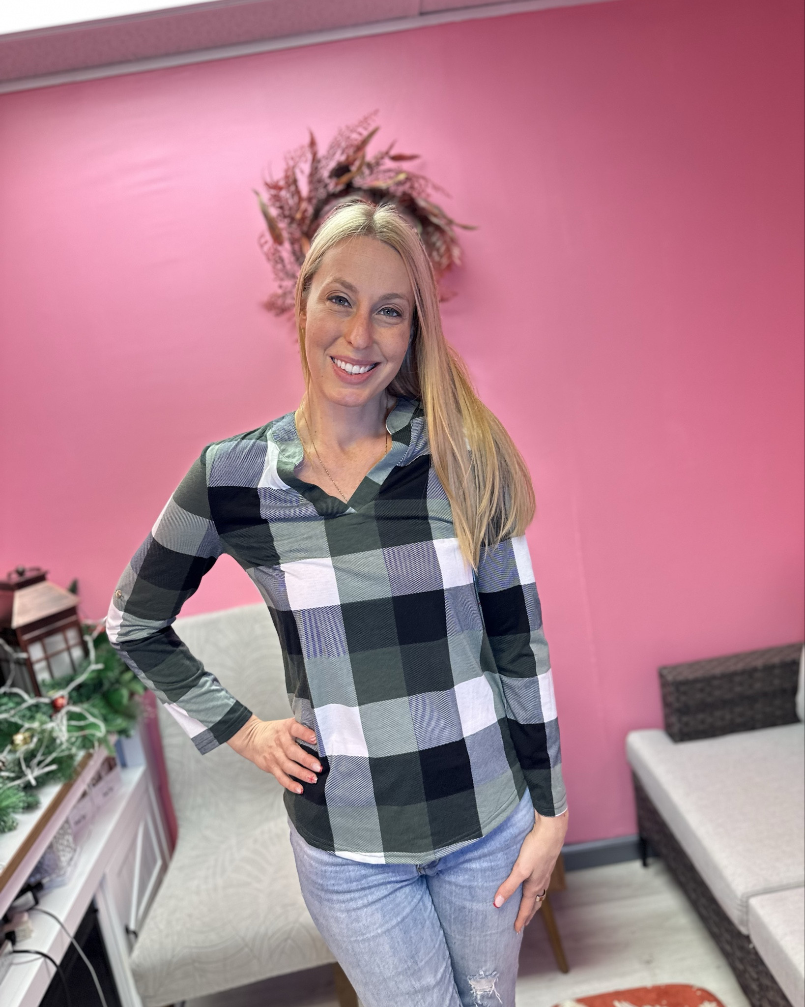 Christmas plaid top 
🤍roll up the sleeves or leave them long
🤍it does have stretch and is comfy
🤍 fits true to size, wearing size small and I am 5’10”

#LTKTall #LTKHoliday #LTKFindsUnder50