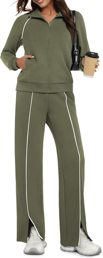 Womens 2 Piece Outfits 2025 Fall Casual Zip Up Sweatsuits Lounge Set Travel Wide Leg Pants Stripe... | Amazon (US)