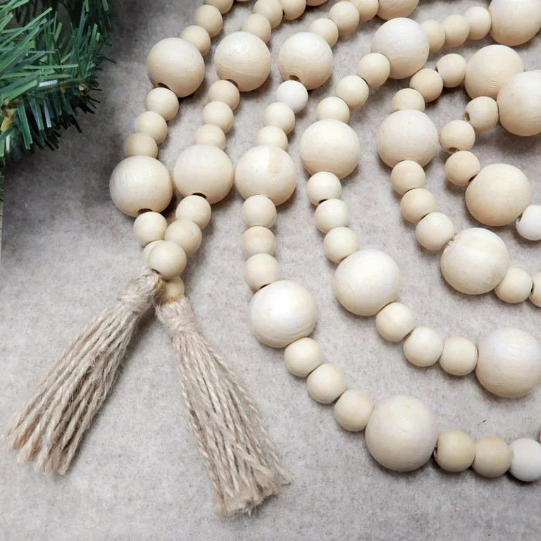 Holiday Time 14mm/ 25mm Natural Wood Bead with Natural Tassel Christmas Decorative Garland, 9 Fee... | Walmart (US)
