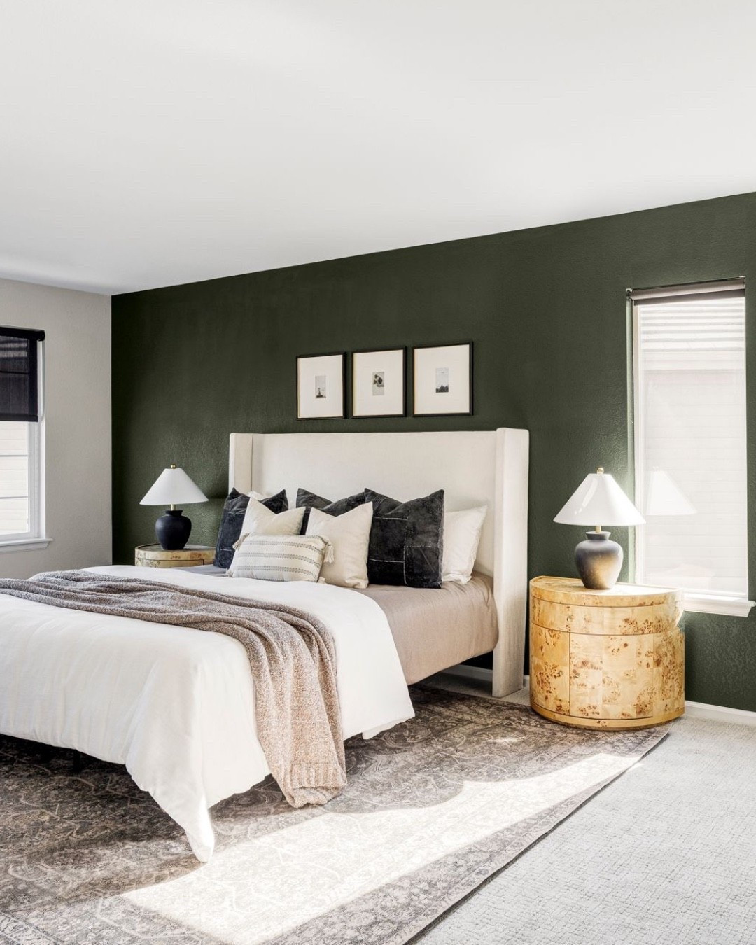 Moody bedroom with burlwood nightstands, upholstered bed, and vintage rug. 

Bed, bedroom, vintage, nightstand, moody

#LTKHome #LTKSaleAlert