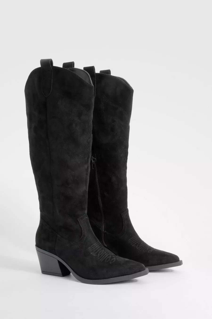 Low Heel Embroidered Knee High Western Cowboy Boots | boohoo (US & Canada)