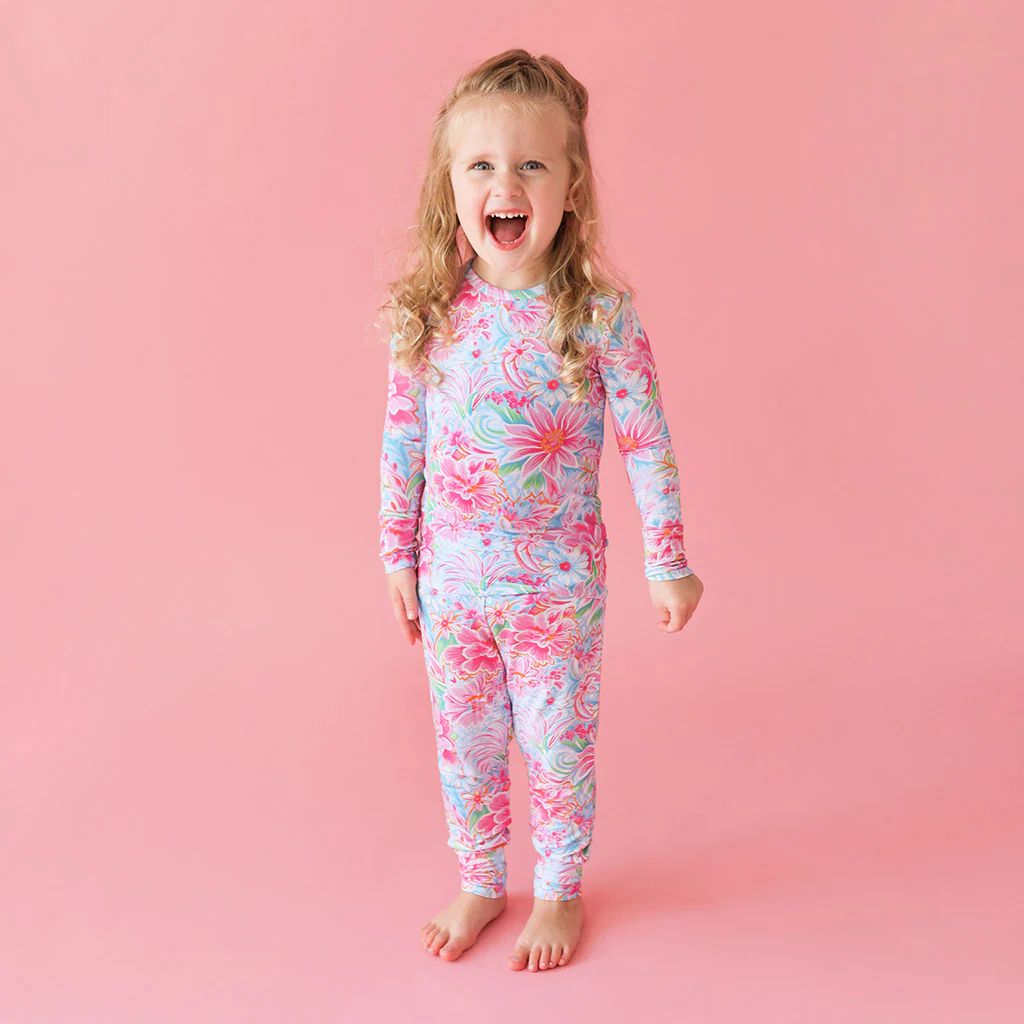 Floral Blue Long Sleeve Toddler Pajamas | Marina | Posh Peanut