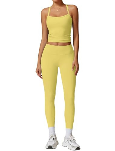 Womens Workout Sets Two Piece Seamless Stretch Cross Back Tank Top Matching Tummy Control High Waist Leggings Set 2 Piece For Women Gym Yoga Active Wear Outfits Athletic Work Out Clothes L Yellow | Amazon (US)