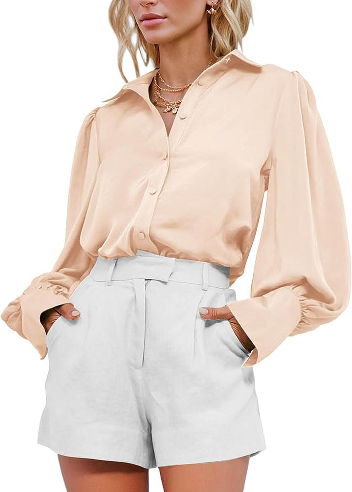 BTFBM Women's Satin Button Down Shirts Summer Fall Lantern Long Sleeve Lapel V Neck Blouse Loose Casual Office Work Tops | Amazon (US)