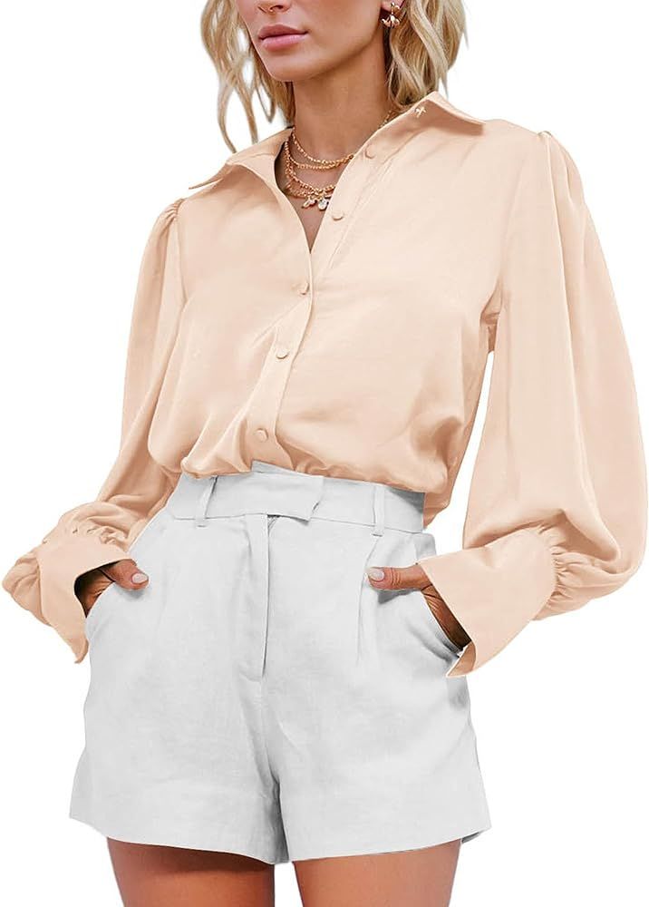 BTFBM Women's Satin Button Down Shirts Summer Fall Lantern Long Sleeve Lapel V Neck Blouse Loose Casual Office Work Tops | Amazon (US)