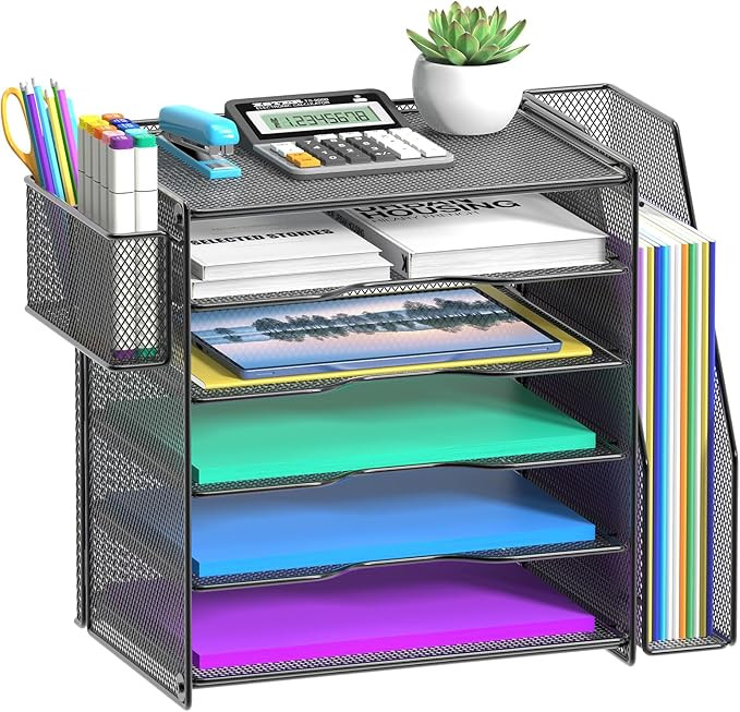 Samstar Mesh Desk Organizer with Vertical File Holder, 5 Tier Paper Letter Tray Organizer for Off... | Amazon (US)