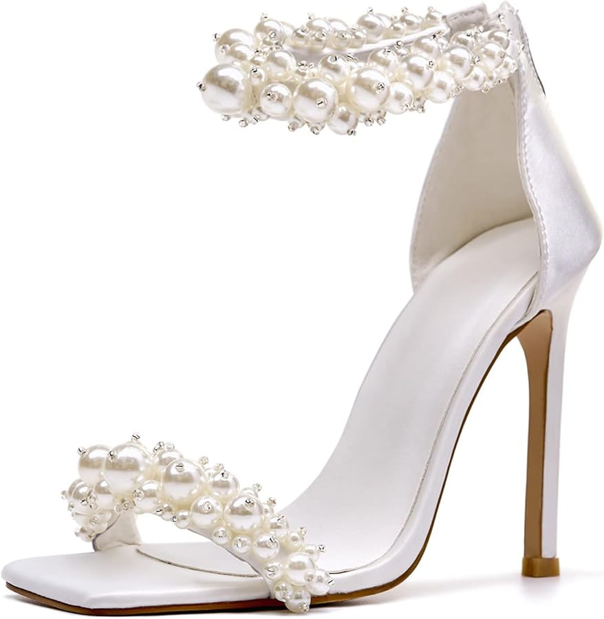 Women's Pearl Stiletto Heels Sandals Open Square Toe Pumps High Heels Ankle Back Zipper Satin Pro... | Amazon (US)