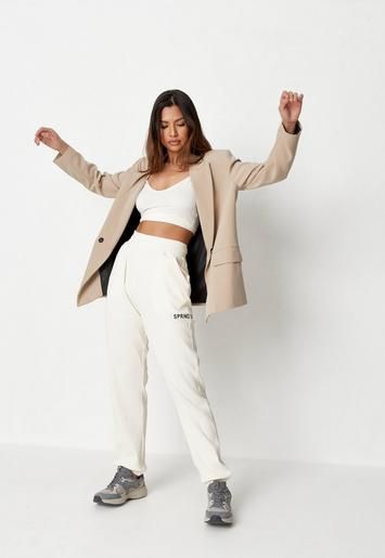 Cream Co Ord Rib Embroidered Spring Summer Joggers | Missguided (US & CA)
