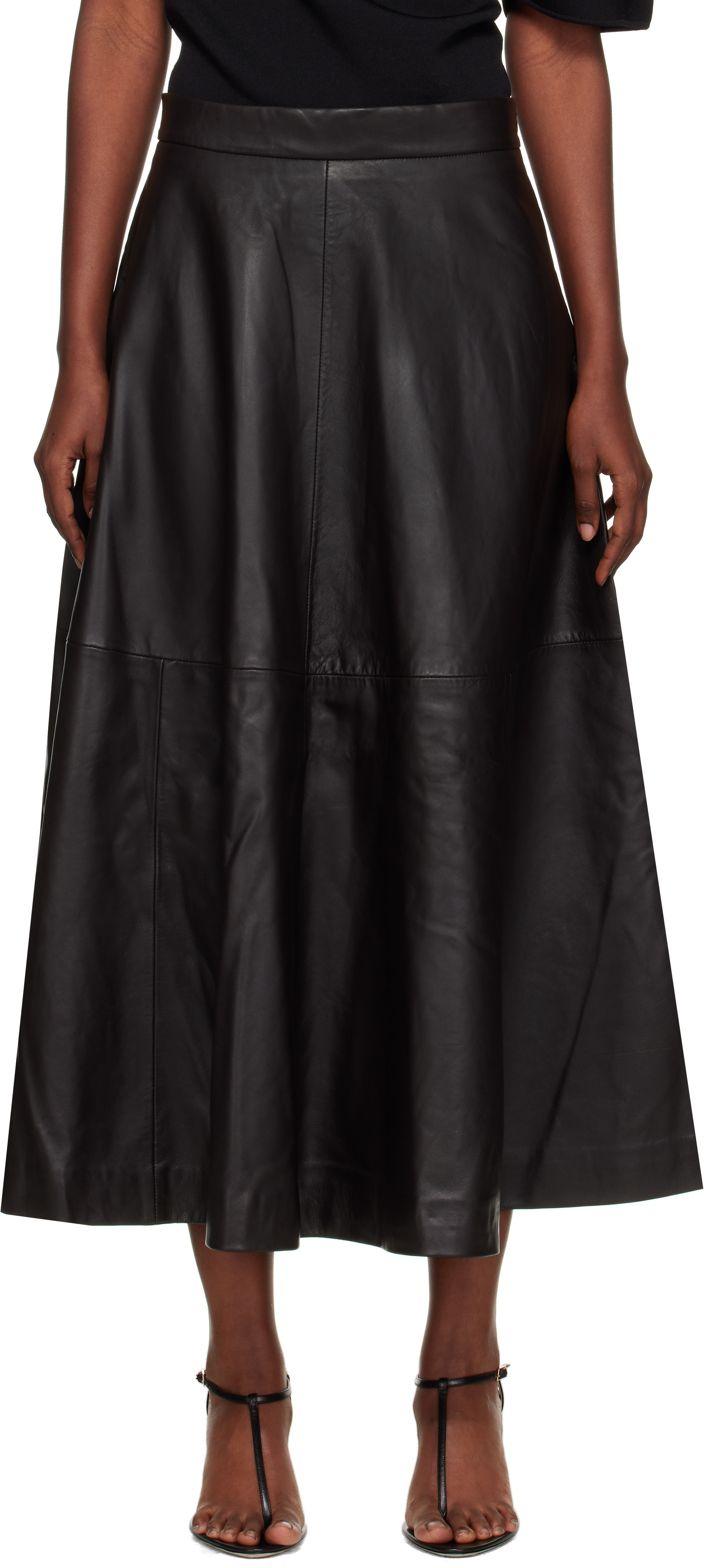 Róhe Brown A-Line Leather Midi Skirt | SSENSE
