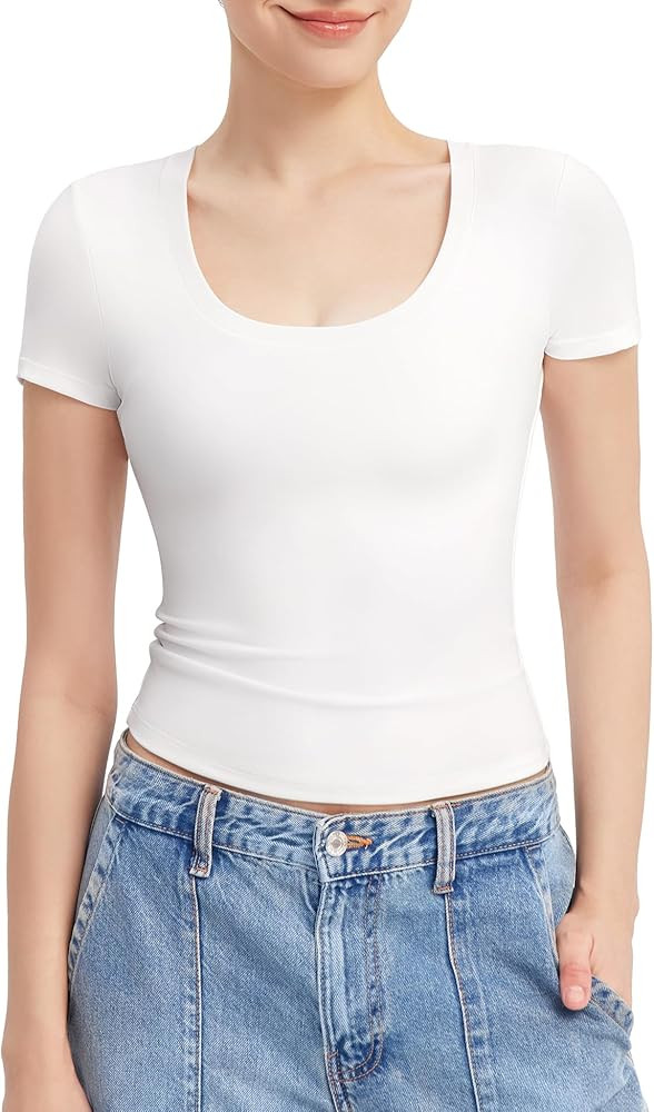 PUMIEY Women's T Shirts Short Sleeve Scoop Neck Basic Going Out Tops Fashion Slim Fit Tee Smoke C... | Amazon (US)