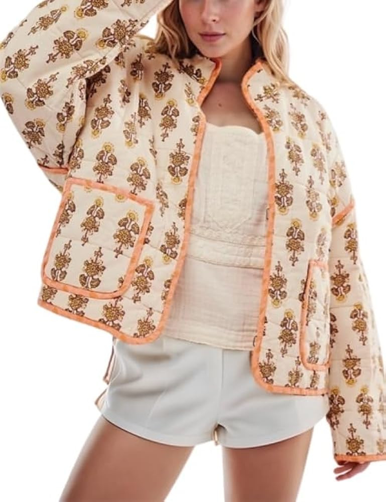 Omoone Women's Cropped Quilted Jacket Floral Printed LightWeight Padded Puffer Cardigan Coat Outw... | Amazon (US)