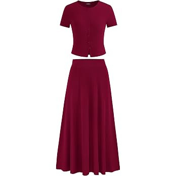 PRETTYGARDEN Women's 2 Piece Skirt Sets Summer Short Sleeve Button Up Knit Crop Top Flowy Maxi Sk... | Amazon (US)