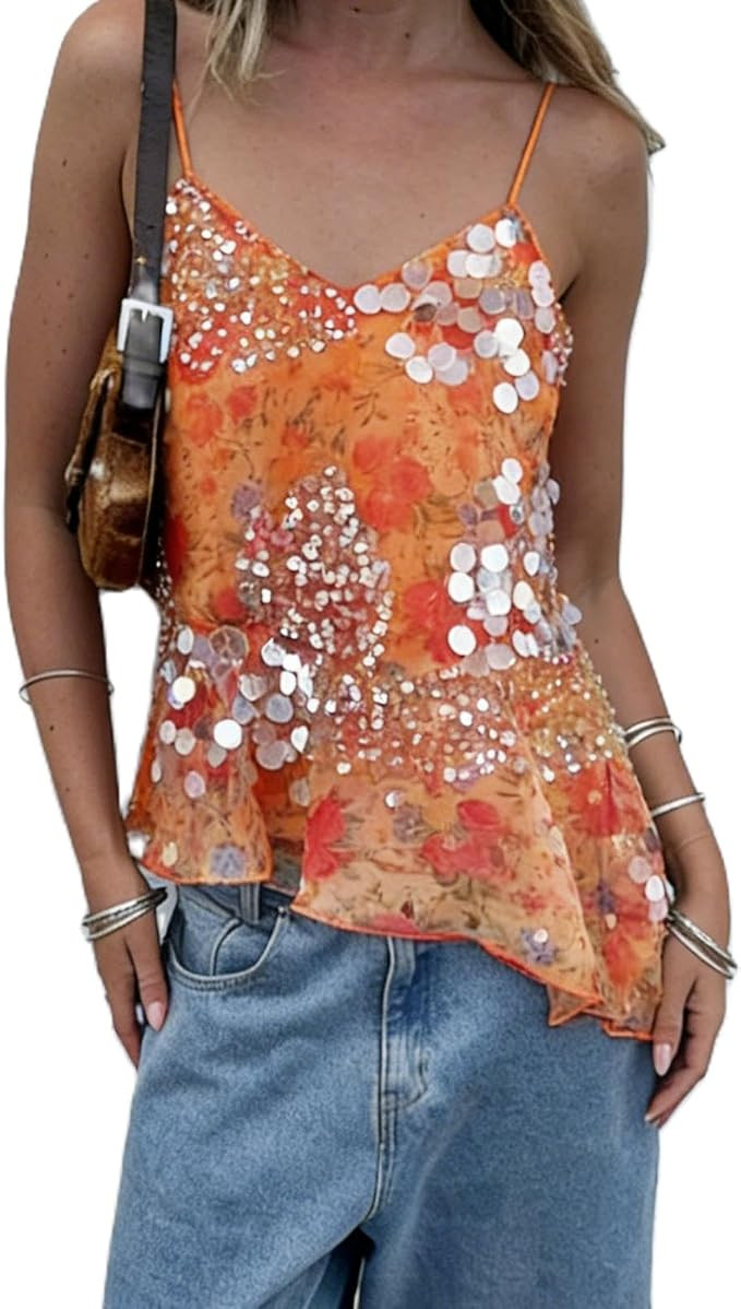Women Y2K Sequin Cami Top Sexy Sparkly V Neck Tank Top Backless Glitter Crop Tops Floral Rhinesto... | Amazon (US)