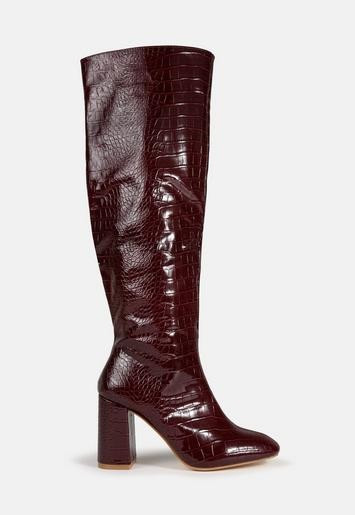 Missguided - Burgundy Mock Croc Tubular Block Heel Knee High Boots | Missguided (US & CA)