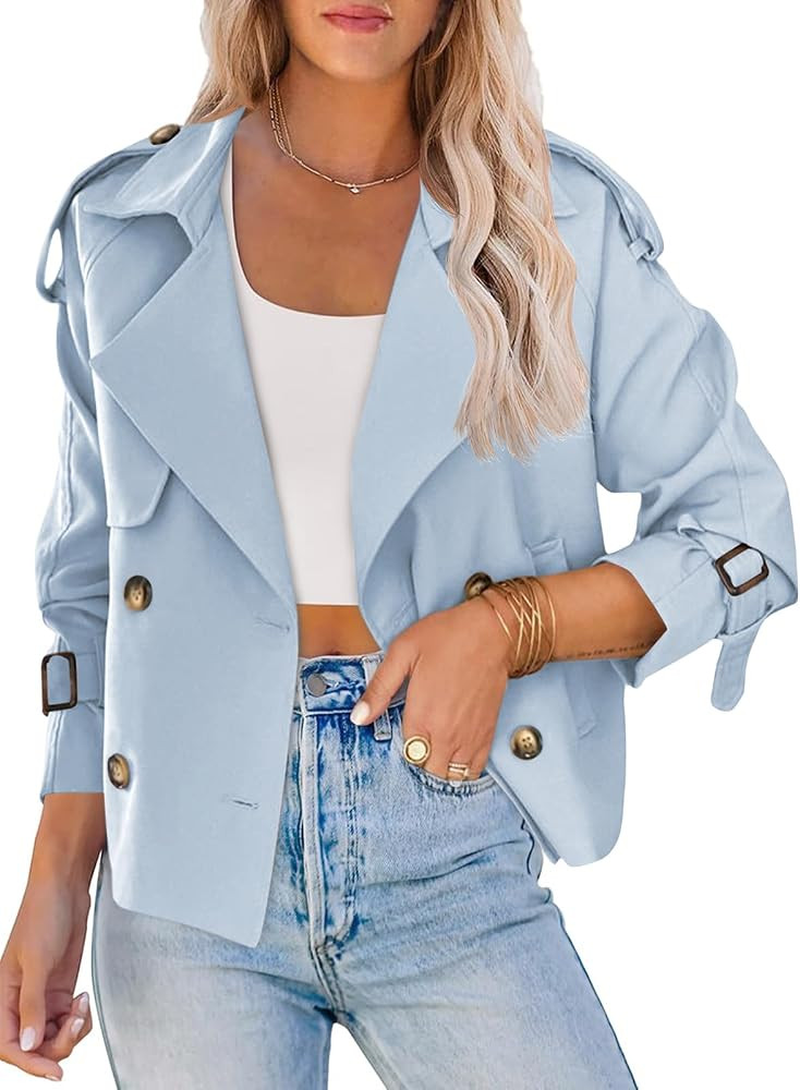 Saodimallsu Women Crop Double Breasted Trench Coat Raglan Sleeve Work Office Cropped Jacket With Pockets | Amazon (US)