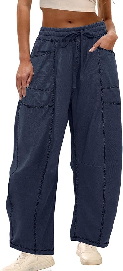 Athlisan Womens Baggy Barrel Pants Wide Leg Lounge Drawstring Sweatpants with Pockets | Amazon (US)