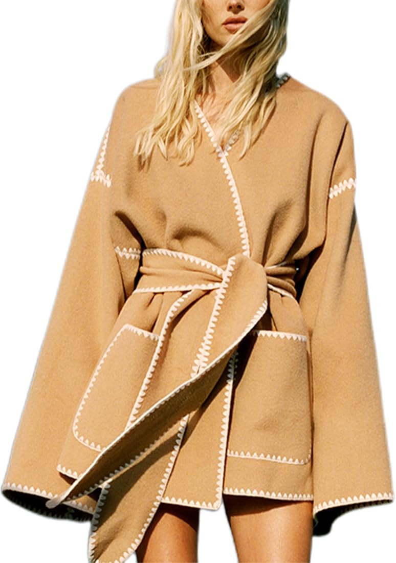 ELLENWELL Women Bell Sleeve Open Front Coat Cardigan Belted Jacket with Pockets | Amazon (US)