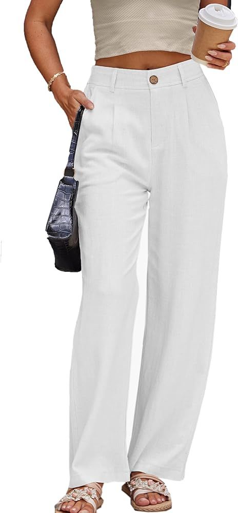 heipeiwa Women's Linen Casual High Waist Wide Leg Straight Dress Cotton Linen Pants Button Trouse... | Amazon (US)