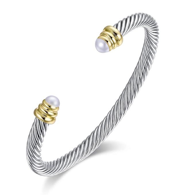 Brass Alloy Cable Wire Composite Shell Pearl Cuff Bracelet | Amazon (US)