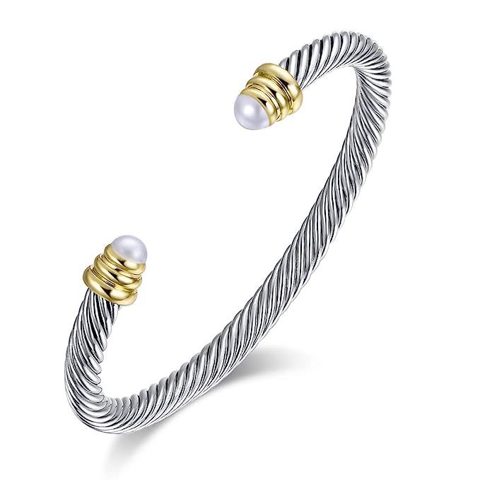 Ofashion Brass Alloy Cable Wire Pearl Cuff Bracelet | Amazon (US)