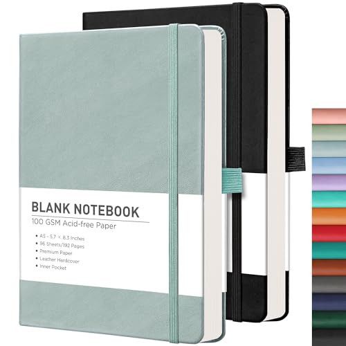 RETTACY Blank Journal Notebook, 2-Pack, 192 Pages per Pack, 5.7'' × 8.3'', Medium Size, 68 LB/100 GSM Thick Paper, Leather Hardcover, for Sketching, Drawing, Painting (Black & Blue-gray) | Amazon (US)