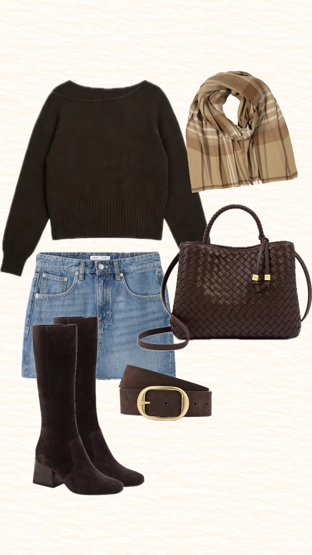 Fall outfit inspiration for women with a denim skirt, off shoulder sweater, scarf, and brown accessories including a suede belt and knee high boots.

#LTKootd #LTKTravel #LTKSeasonal