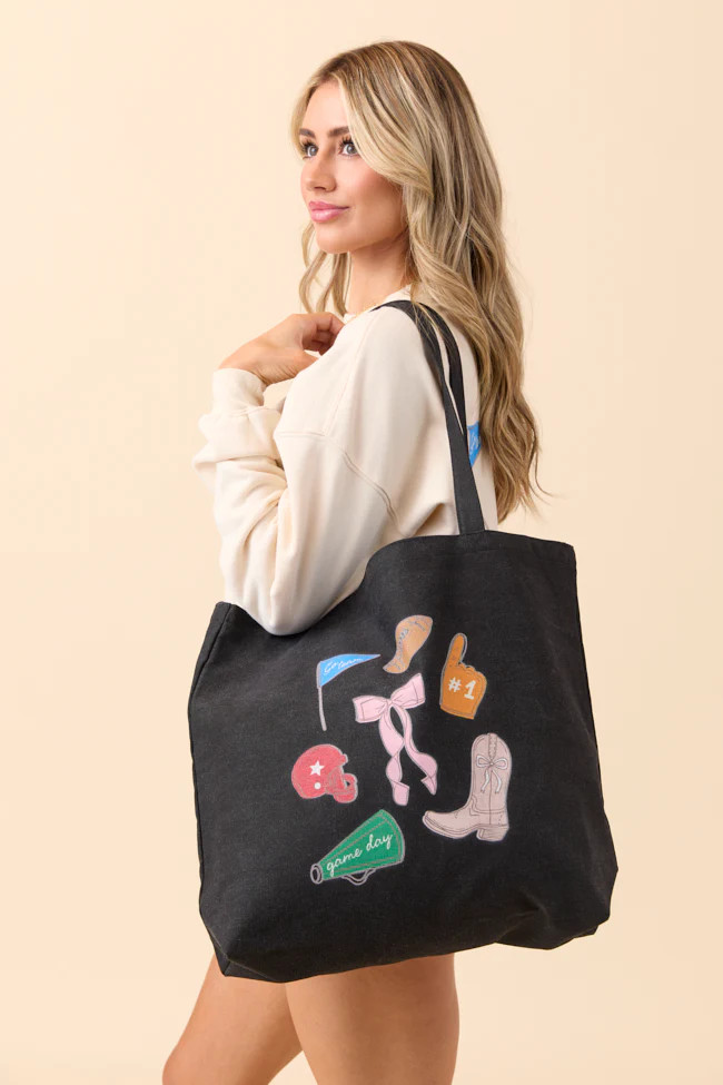 Saturday Tailgate Club Washed Black Graphic Tote Bag | Pink Lily
