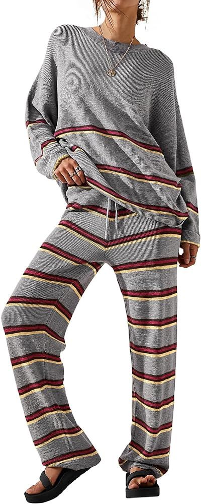 POTILI 2 Piece Fall Sets for Women Oversized Sweater Outfit Cozy Knit Striped Matching Lounge Set... | Amazon (US)