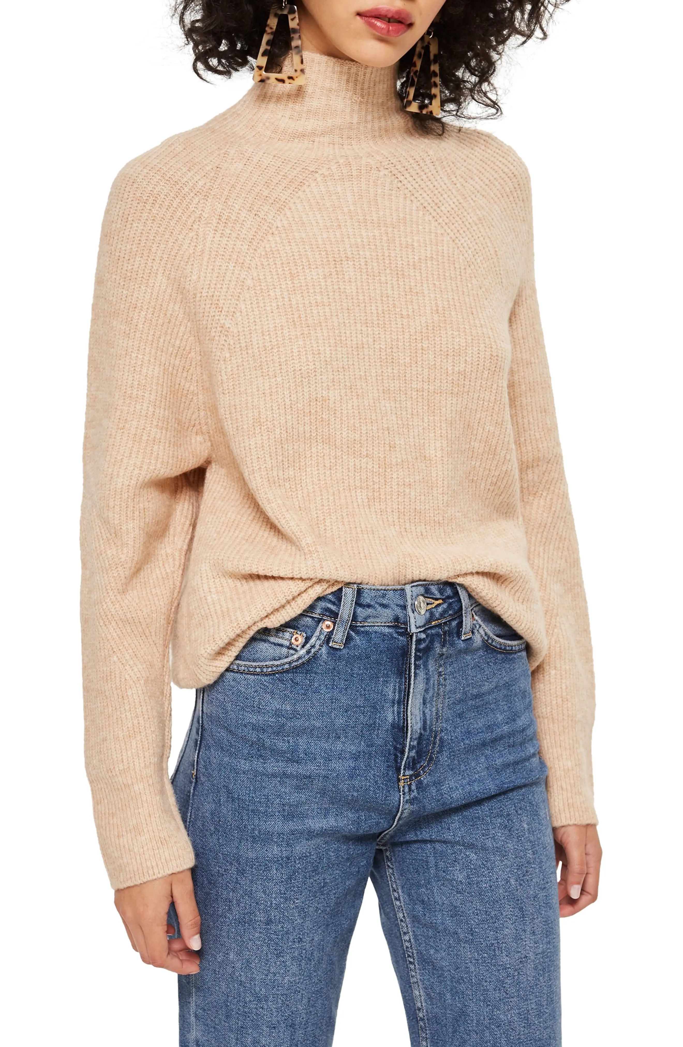 Women's Topshop Raglan Turtleneck Neck Sweater, Size 2 US (fits like 0) - Beige | Nordstrom