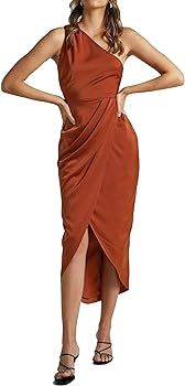 LYANER Women's One Shoulder Ruched Sleeveless Split Slit Wrap Hem Zipper Midi Dress Rust Brown Mediu | Amazon (US)