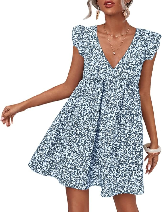 Women Boho Floral Summer Dresses Casual Backless V Neck Mini Dress Ruffle Beach Sundress | Amazon (US)