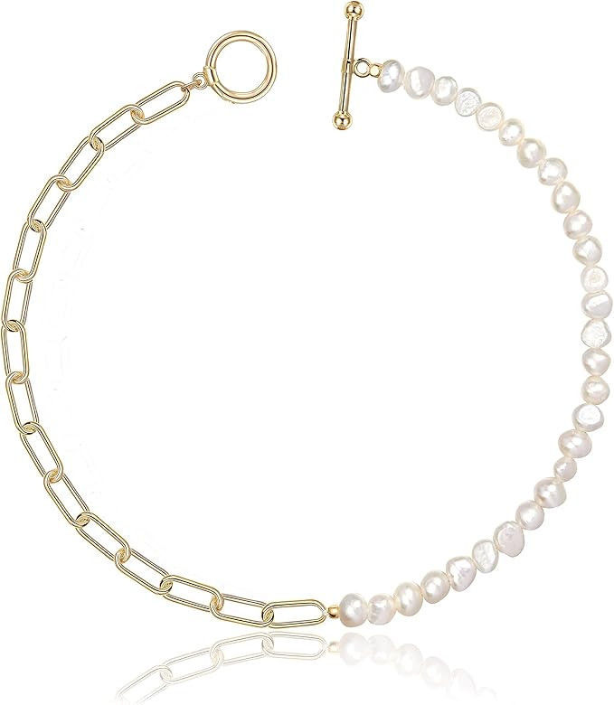 Cowlyn Paper Clip Pearl Necklace Vintage Chunky Link Chain Baroque Cultured Pearls 18K Gold Choke... | Amazon (US)