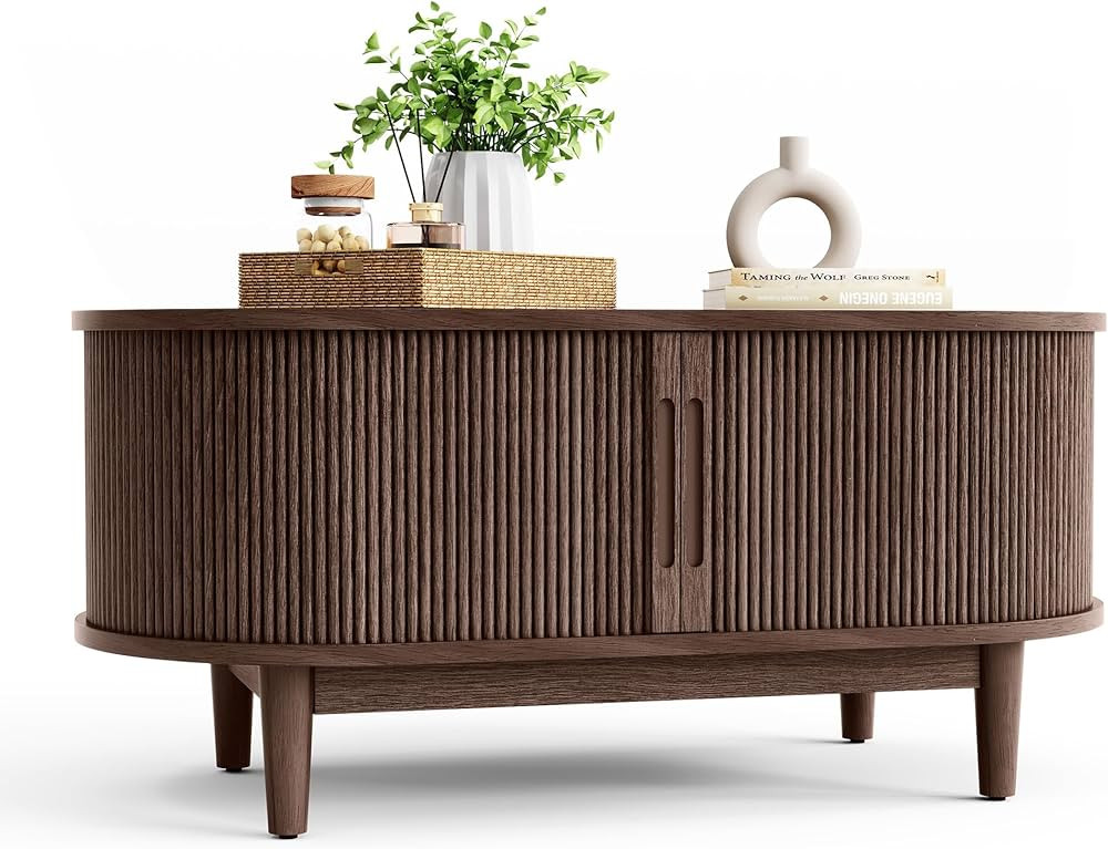 LINSY HOME Coffee Table, Mid Century Modern Coffee Table with Sliding Tambour Door, Fluted Accent... | Amazon (US)