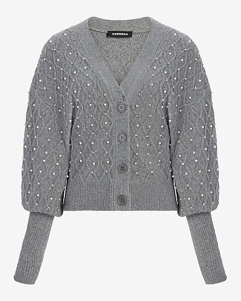 Embellished V-neck Balloon Sleeve Cardigan | Express