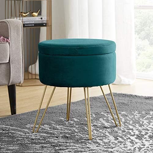 Ornavo Home Modern Round Velvet Storage Ottoman Foot Rest Vanity Stool/Seat with Gold Metal Legs & T | Amazon (US)