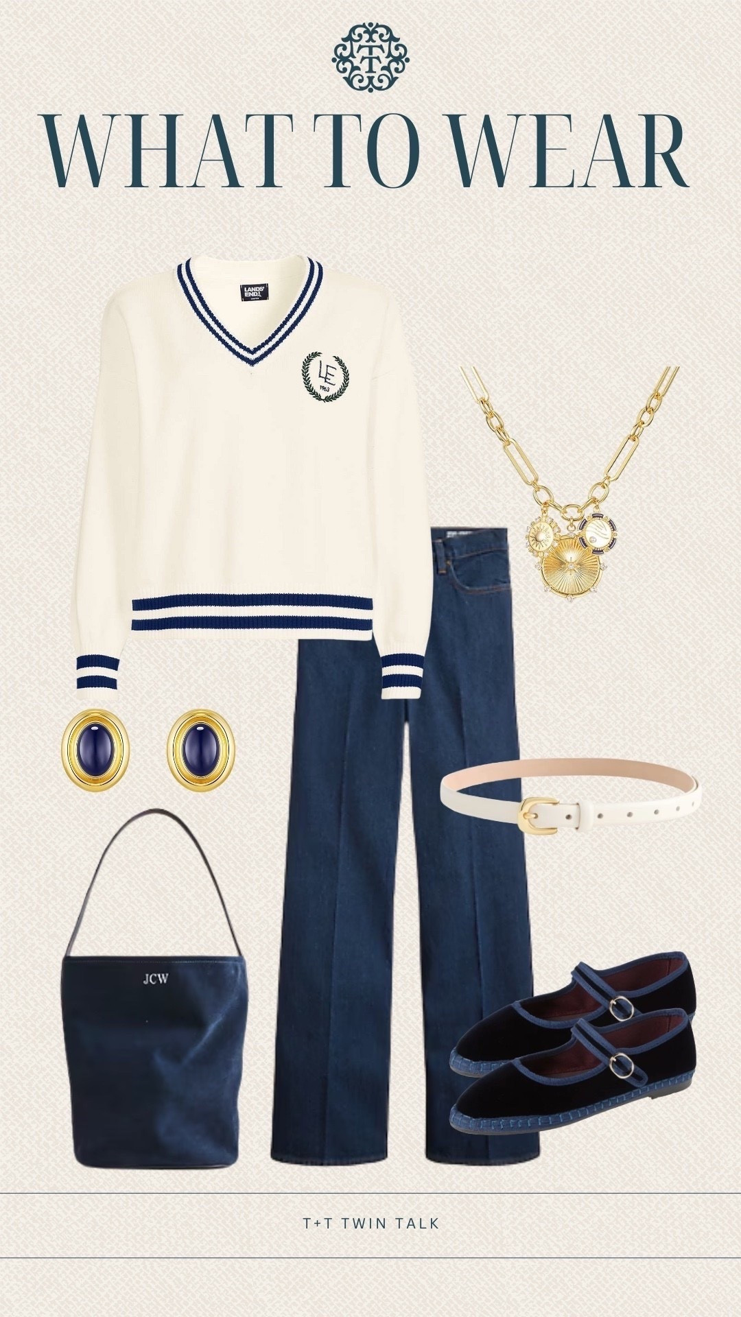 What to wear, preppy fall outfit ideas! A cute sweater from Lands End with a pair of dark wash denim. We paired that with a J.crew navy bag, a pair of Mary Jane flats, and jewelry from Amazon! 

#LTKStyleTip #LTKSeasonal #LTKOver40