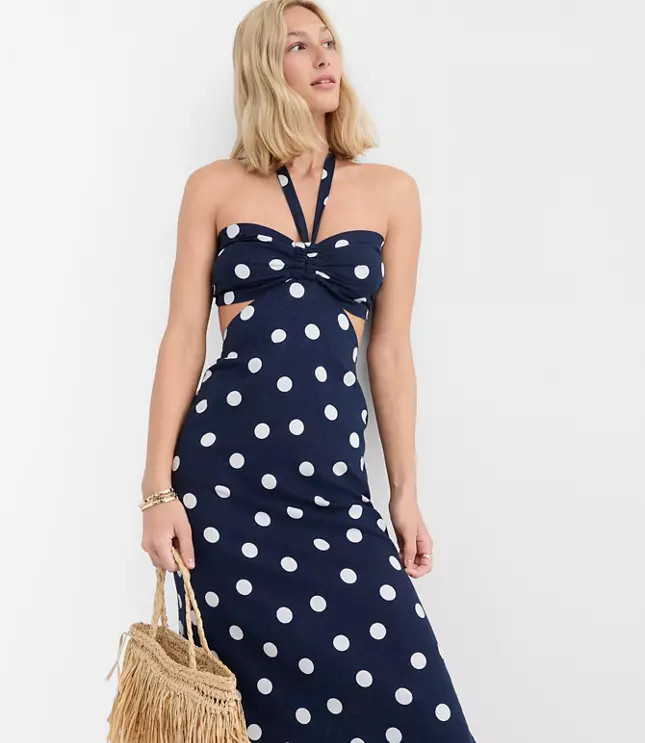 LOFT Beach Polka Dot Linen Cotton Cutout Halter Maxi Dress | LOFT